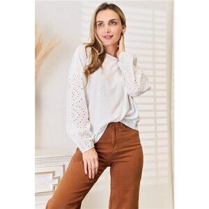 Shiny Eyelet Dropped Shoulder Round‎ Neck Blouse